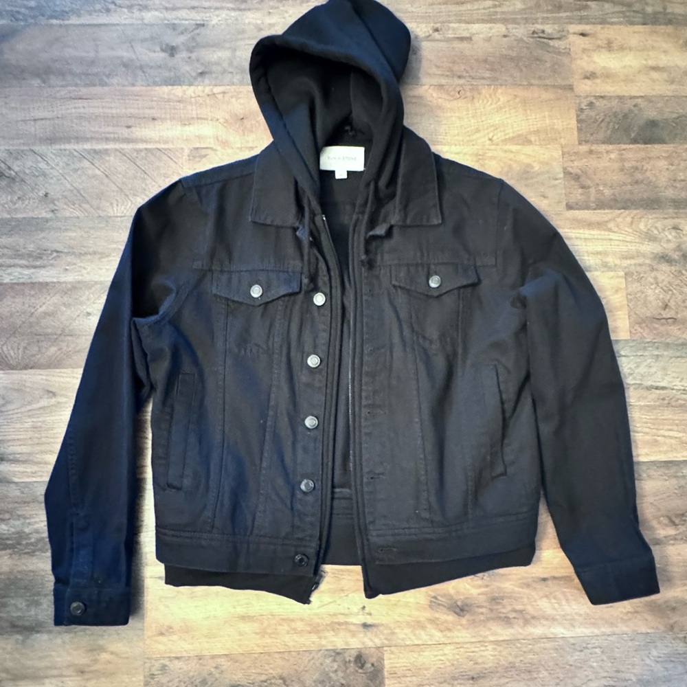 Black denim jacket with hooded liner